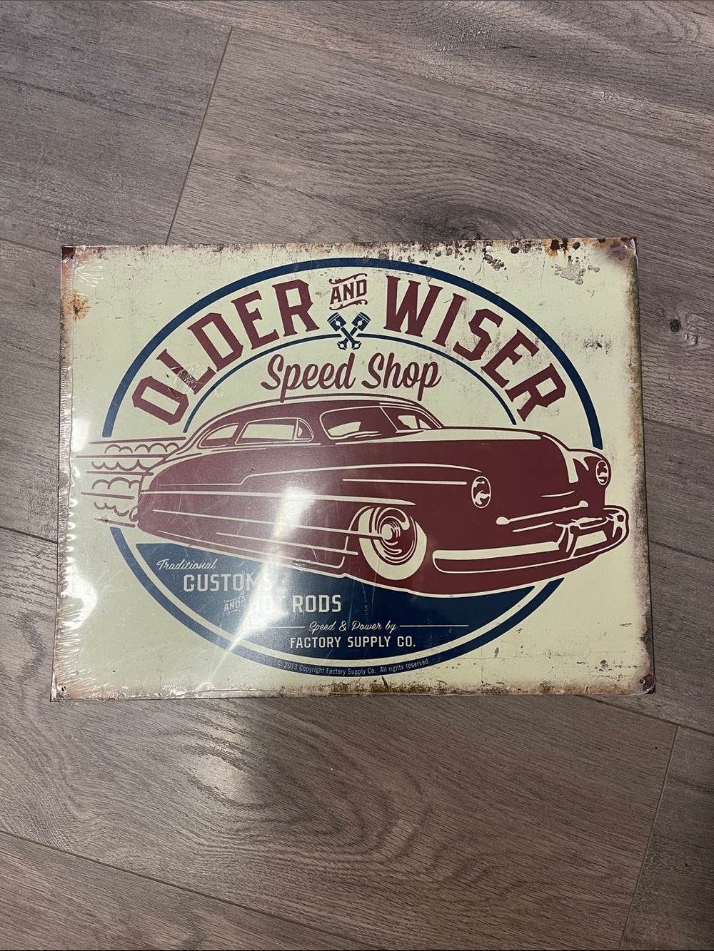 Older and Wiser Metal Speed Shop Vintage Car Wall Sign - Cream & Maroon